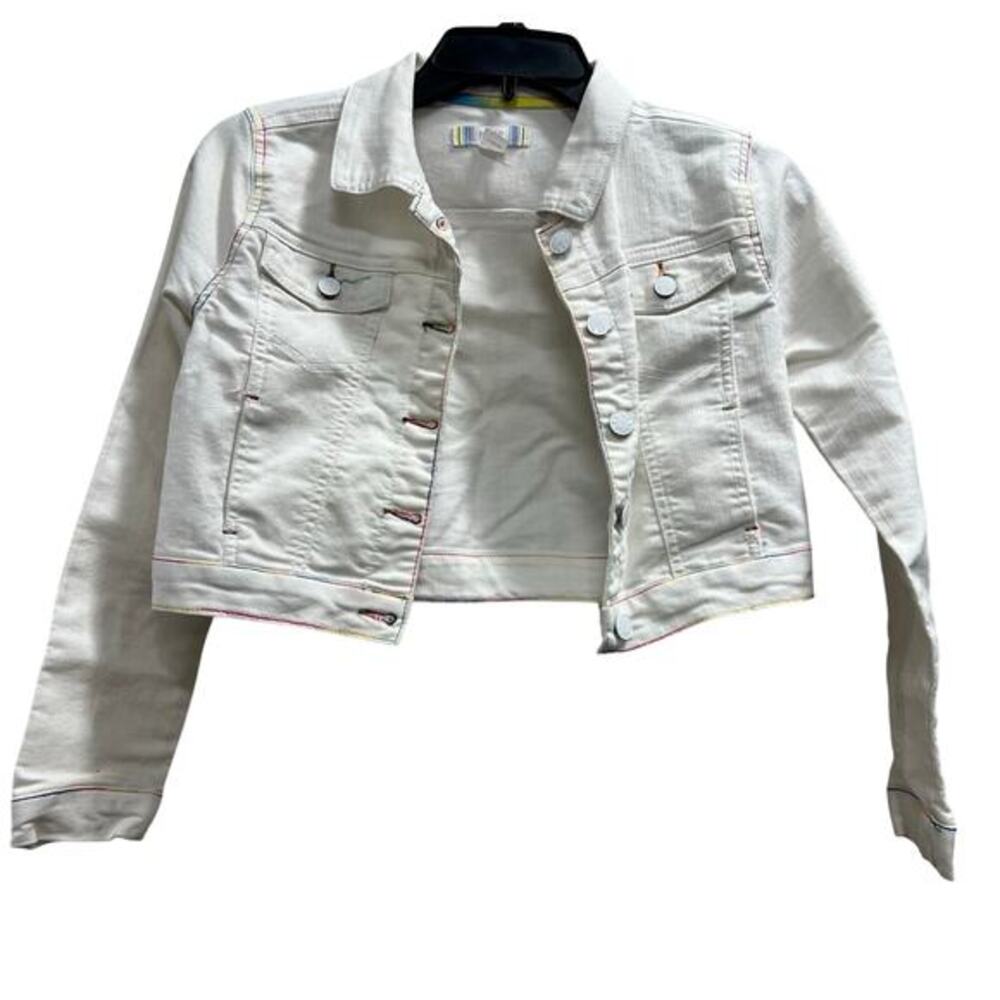 Piper White girls Denim Jean jacket contrast rainbow stitching sz 10/12